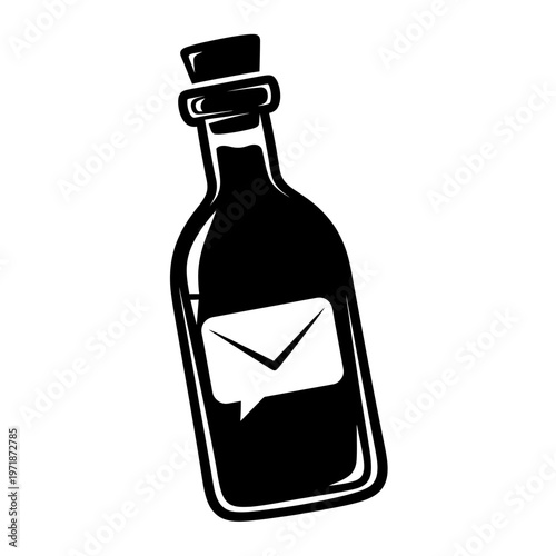 Message in a Bottle: A classic symbol of communication and mystery, a silhouette of a bottle encasing an enclosed message, isolated and intriguing.