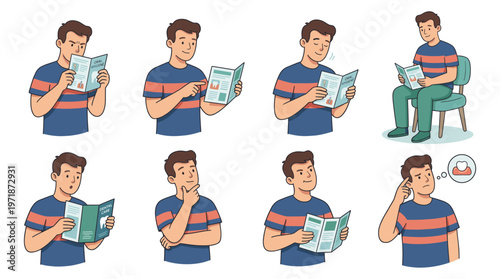 Character set poses man reading, understanding, thinking, and expressing confusion with information