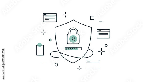 Digital Security Shield with Padlock and Loading Bar Illustrative Graphic.