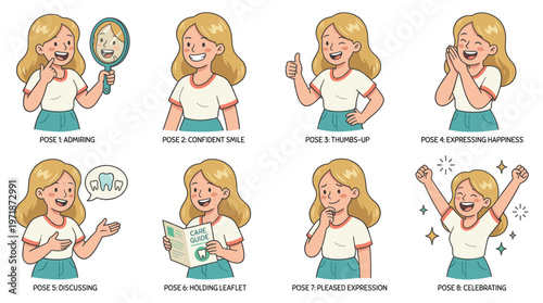 Collection of joyful character illustrations showcasing dental care, healthcare interactions, and positive medical activities
