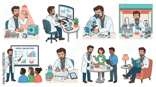 Diverse Medical Professional Character Illustrations Healthcare, Science, and Dental Care Activities Collection