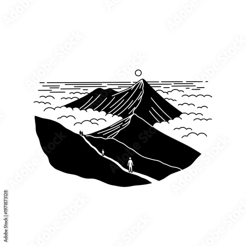 Ascending Heights: A lone traveler and dog traverse a winding path, their journey leading towards the majestic peak of a mountain rising above the clouds.