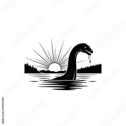 Mysterious Loch Ness: A monochrome illustration of the legendary creature rising from the depths, the sun setting behind it over the lake, hinting at mystery and the unknown.