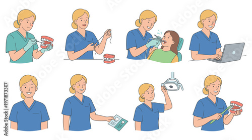 Dental Care Professional Character Set Diverse Healthcare Poses and Essential Medical Activities Collection