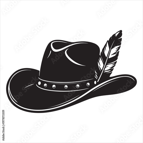 A black cowboy hat with a feather on the side