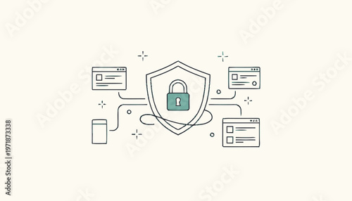 Digital Security Shield with Padlock Protecting Devices Illustration.