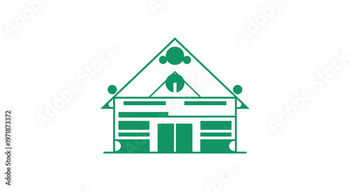 Green geometric house illustration on a white background, simple design.