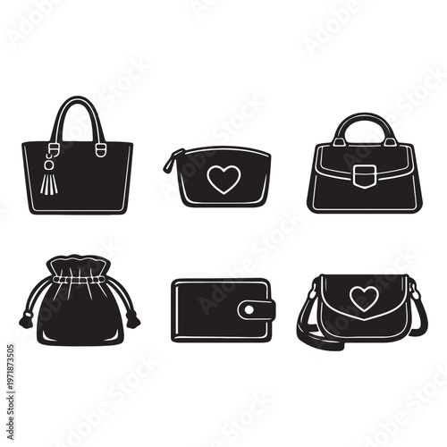 A set of six different black handbags and wallets