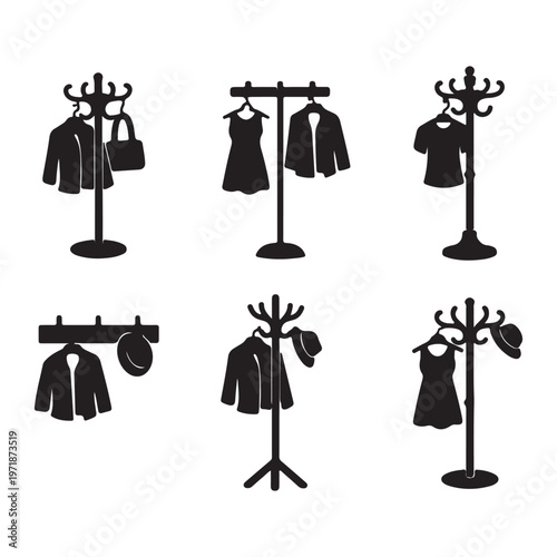Black and white clipart of various garment racks