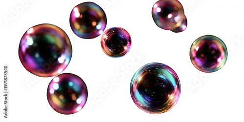 白背景に浮かぶ色鮮やかで幻想的な虹色のシャボン玉のイラスト、光を反射して輝くメタリックな質感と透明感が美しく、デザインの背景素材や清潔感のあるイメージカットとして多目的に活用できる高品質なグラフィック素材。