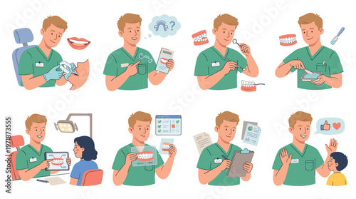 Comprehensive Collection of Dental Care Healthcare Medical Poses and Activities Featuring Dentists and Patients