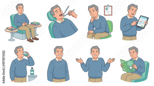 Senior Man Character Set Diverse Illustrations of Dental Care, Healthcare, and Daily Life Medical Poses
