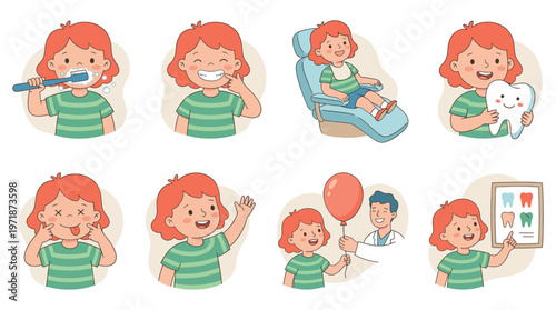 Adorable Child's Dental Care Journey A Comprehensive Set of Healthcare and Medical Activities Illustrations