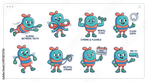 Dynamic dental care characters performing essential oral hygiene and health activities for vibrant smiles