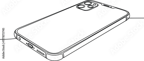 Line drawing of a modern smartphone with a triple camera system showcasing its sleek design and rectangular form