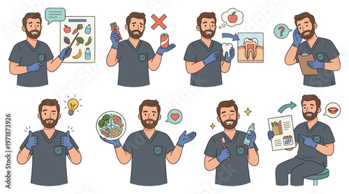 Character set illustrating dental care and healthcare activities, featuring a medical professional in various poses providing advice on oral hygiene and healthy living