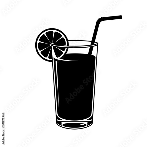 Refreshing Citrus Delight: A monochrome illustration of a tall glass of juice, adorned with a slice of citrus and a straw, creating a visual invitation to a cool, refreshing experience.