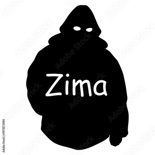 Mysterious Figure Silhouette: A stark black silhouette of a figure, shrouded in a hooded attire, creating a sense of intrigue and anonymity, with Zima text.