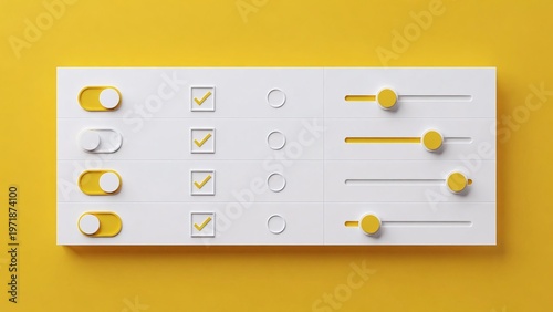 Modern UI Design with Interactive Features: Checklist, Sliders, Buttons, and Settings on a Yellow Background for Optimal User Experience and Functionality in Business Applications