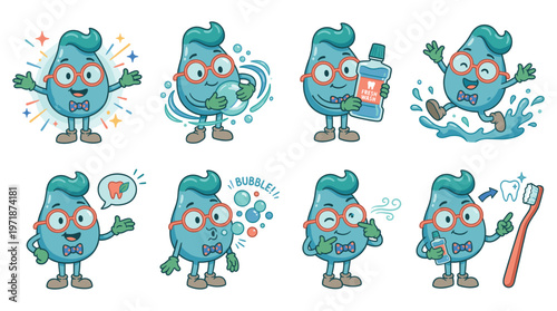 Adorable Dental Care Character Set Illustrating Oral Hygiene Medical Healthcare Poses and Activities Collection