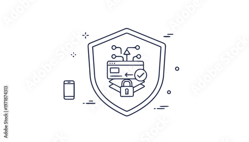 Digital Security Shield with Website and Lock Icon Illustration.