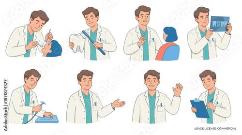 Professional Doctor and Dentist Character Set Illustrating Various Healthcare Medical Poses and Patient Care Activities