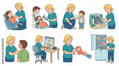 Character illustrations of healthcare and dental care, depicting medical staff in various poses and activities