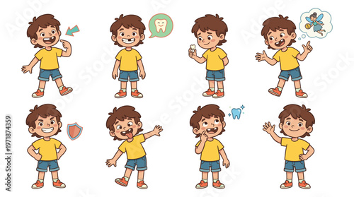 Kids Dental Care Character Set Young Boy's Oral Health Education, Healthcare and Medical Activities Poses Collection