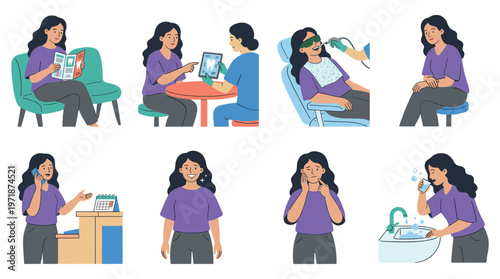 Female Patient Character Set Dental Care, Medical Healthcare Poses and Activities Collection
