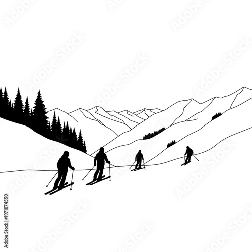 Skiing Adventure: Silhouette skiers gracefully navigate a snow-covered mountain, carving their path down the slope, silhouetted against the vastness of the winter landscape.