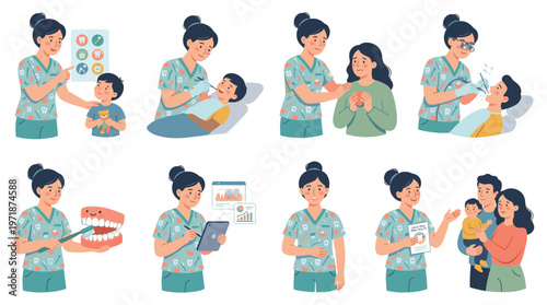 Dentist and Patients Character Set Comprehensive Dental Care Healthcare Activities Collection