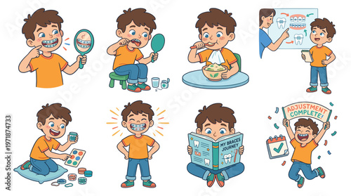 Animated Boy Character Set Showcasing Daily Dental Hygiene and Orthodontic Care Journey