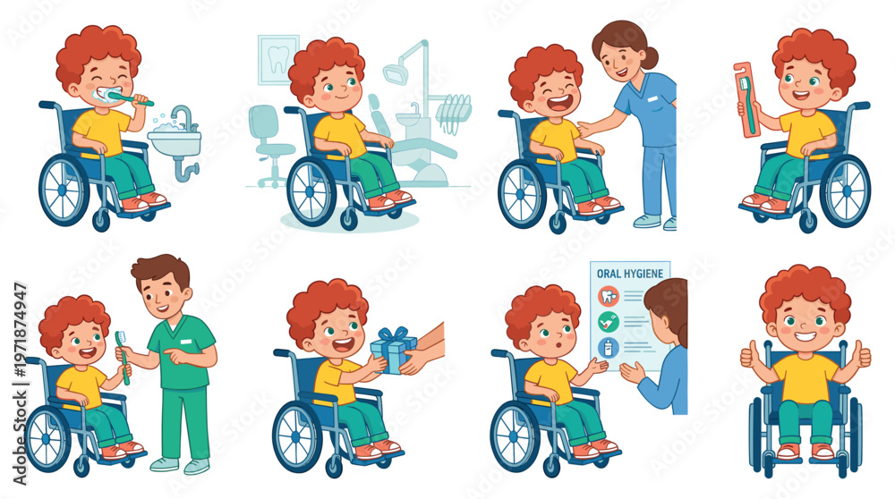 Fototapeta premium Cartoon Character Set Young Boy in Wheelchair Engages in Dental Care, Healthcare, and Medical Activities Collection