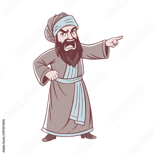 Fierce angry man with beard, turban points finger directly. Traditional Jewish clothing. Biblical character shouting command, expressing authority. Dramatic portrait evokes ancient powerful ... See Mo