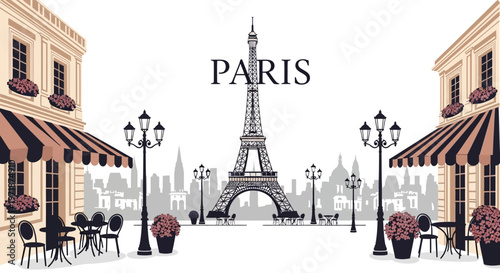 Vector illustration of the Eiffel Tower in Paris, a famous landmark, set against a cityscape background, rendered in a vintage style with sidewalk cafes, streetlights, and flower