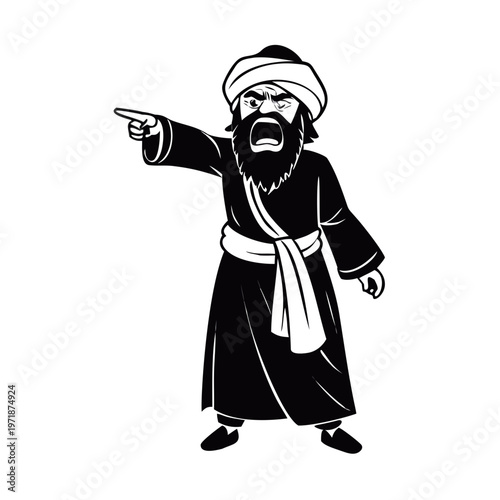 Fierce angry man with beard, turban points finger directly. Traditional Jewish clothing. Biblical character shouting command, expressing authority. Dramatic portrait evokes ancient powerful ... See Mo