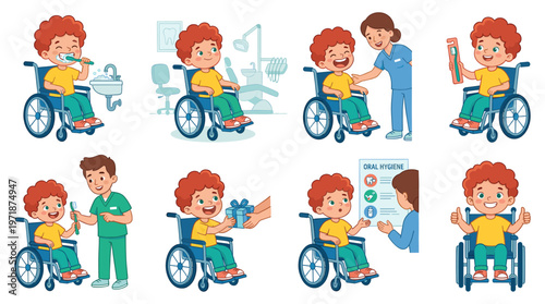 Cartoon Character Set Young Boy in Wheelchair Engages in Dental Care, Healthcare, and Medical Activities Collection