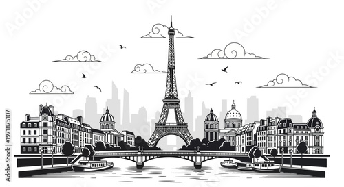 Illustrated skyline showcasing the iconic Eiffel Tower as the central landmark in Paris, with detailed buildings and a bridge over the river, presented in a clean, monochromatic black