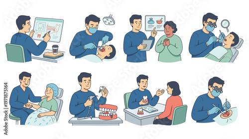 Comprehensive Dental Care Character Set Healthcare Medical Poses and Activities Collection Illustrations