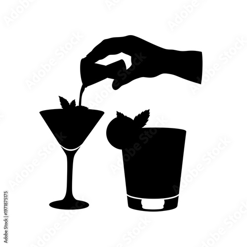 Art of Mixology: A silhouette of a hand, artfully garnishing a martini with a fresh mint leaf, beside a perfectly crafted cocktail, embodying the elegance of mixology and the art of crafting drinks.