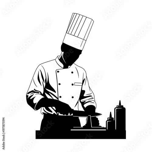 Culinary Precision: A silhouette of a chef, poised with a knife, expertly sharpening it to prepare for a culinary masterpiece, highlighting skill and focus.