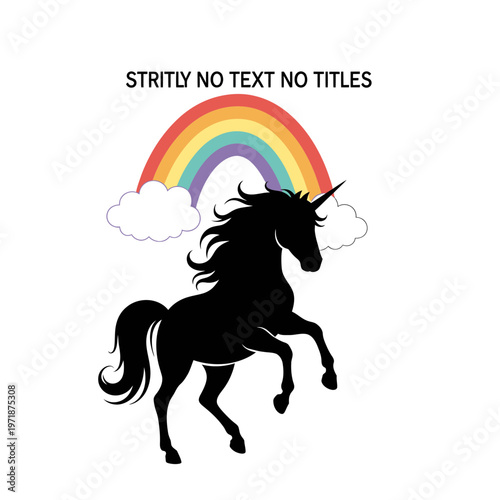 Enchanted Unicorn Silhouette: A majestic unicorn silhouette prances beneath a vibrant rainbow and fluffy clouds. This image captures the magic and wonder of fantasy.