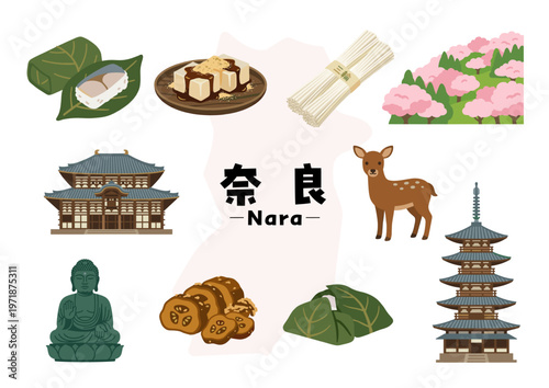 奈良県の観光・名所・グルメアイコンセット（東大寺・大仏・五重塔・奈良公園・柿の葉寿司・三輪そうめん）