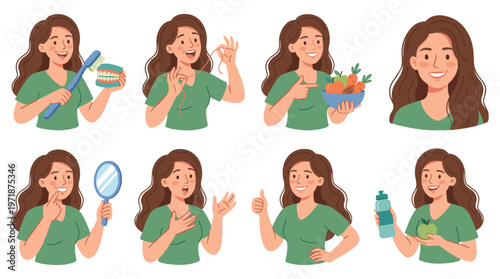 Character Set Woman's Dental Care, Healthcare, and Wellness Activities Collection Showcasing Oral Hygiene Poses
