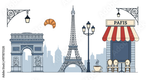 Stylized illustration of Parisian landmarks, including the Eiffel Tower and Arc de Triomphe, is set against a skyline with a cafe and croissant, rendered in a flat, graphic style with muted