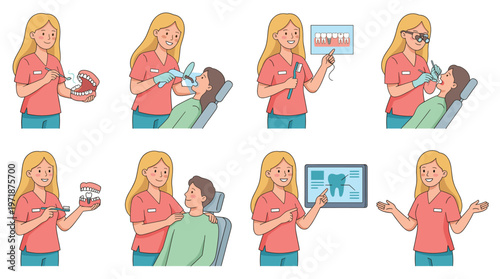 Collection of Female Dentist Character Set Dental Care, Healthcare, and Medical Poses and Activities Illustrations