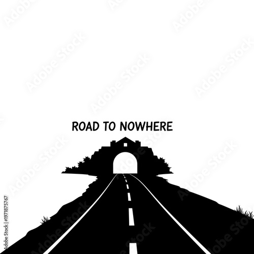 Road to Nowhere Silhouette: A stark black and white depiction of a road leading into a mysterious tunnel, symbolizing the unknown and an enigmatic destination.