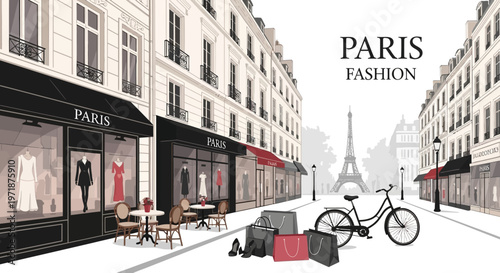 A stylized illustration presents a Parisian street scene with fashion boutiques lining the avenue, complete with the Eiffel Tower in the distance, rendered in a monochromatic palette