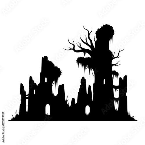 Silhouette of a Ruined Fortress: An evocative silhouette depicts a crumbling fortress with a skeletal tree, embodying themes of decay, time, and the enigmatic allure of forgotten history.