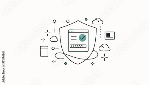 Digital Security Shield with Checkmark and Loading Bar Illustration.